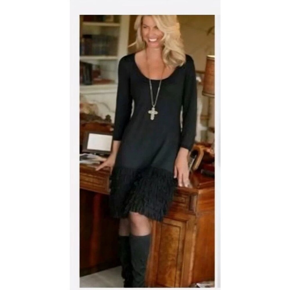 Soft Surroundings Theodora Fringe Sweater Dress Womens Medium Wool Blend Black